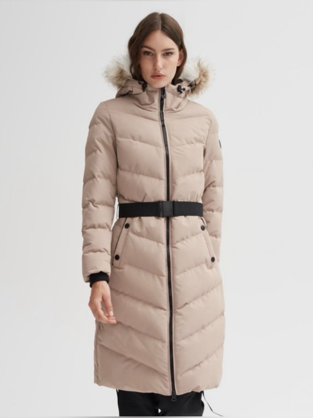Noize Capri Belted Long Parka Coat Sand Beige Faux Fur Hood Size L Like New